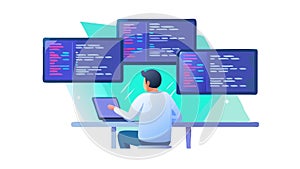 Software developer working with multiple screens, coding. vector design Generative AI