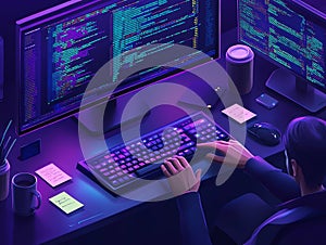 Software Developer Coding at Night on a Multi-Monitor Setup