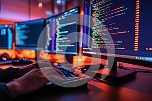 Software developer writing code on laptop in dark office at night