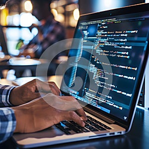Software developer writing code on laptop working late in office