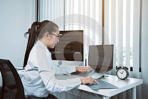 Software developers are analyzing about the code written into the program on the computer in office room
