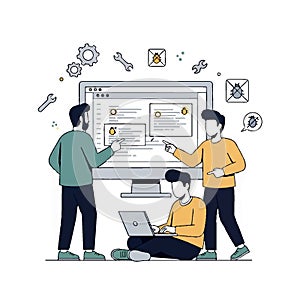 Software Developers Debugging Code and Fixing Bugs on Computer Screen