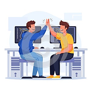 Software Developers High Five. Teamwork, Programming Success.