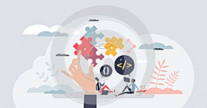 Software developers and programming language coding tiny person concept
