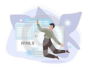 Software developers working of script coding. Engineer character programming in php, python, javascript, other languages