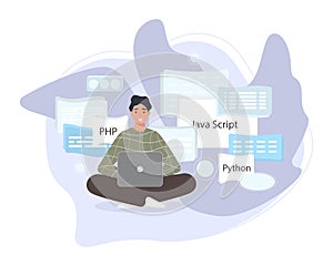 Software developers working of script coding. Engineer character programming in php, python, javascript, other languages