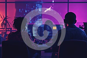 Software developers writing code on computers in modern office at night