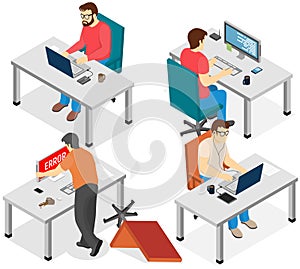 Software developing company team work together coding. Programmers writing code sitting in office