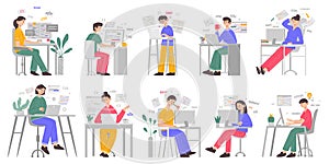 Software developing, website programmers and web designers. Young man writing code on computer vector illustration set. Motion