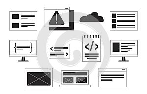 Software development black and white 2D line cartoon objects set