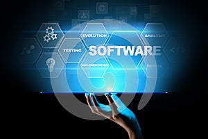 Software development and business process automation, internet and technology concept on virtual screen.