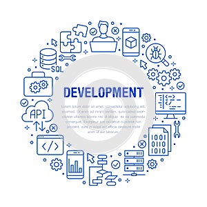 Software development circle poster with flat line icons. Programming language flyer, application, api, computer tester