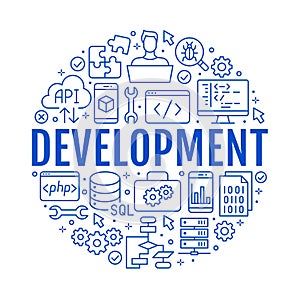 Software development circle poster with flat line icons. Programming language flyer, application, api, computer tester