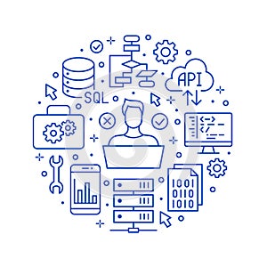 Software development circle poster with flat line icons. Programming language flyer, application, api, computer tester