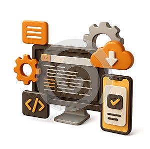 Software development cloud computing mobile app design gears code computer screen download