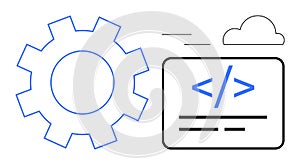 Technology Development Concept with Coding Interface, Gear, and Cloud Computing Elements