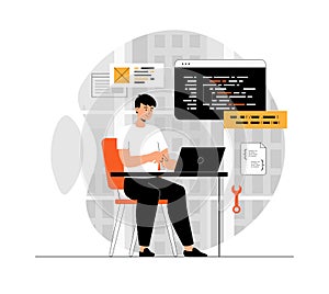 Software development. Coding, backend engineering or programming. Illustration with people scene in flat design