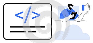 Software Development and Coding Concept with Programmer, Code Symbol, and Cloud Computing Elements