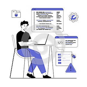 Software development, coding and problem identification. IT specialist testing software in search of bugs. Vector