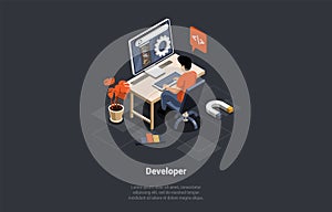 Software Development Coding Process Concept. Man Programmer or Web Developer Working On PC. Screen With Code, Script and