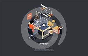 Software Development Coding Process Concept. Programer or Web Developer Coding on Computer. Screen With Code, Script and