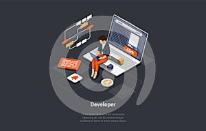 Software Development Coding Process Concept. Programmer or Web Developer Working On Laptop. Screen With Code, Script and