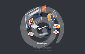 Software Development Coding Process Concept. Programmer or Web Developer Is Writing New Code. Screen With Code, Script