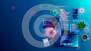 Software development coding process concept. Programming, testing cross platform code, app on laptop, tablet, phone. Create,