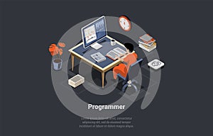 Software Development Coding Process. Programmer or Web Developer Coding App on Computer. Screen With Chart, Script and