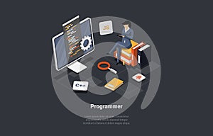 Software Development Coding Process. Programmer Web Developer Coding App Using Java Script Programming Language. Screen