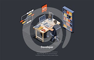 Software Development Coding Process. Programmer or Web Developer Coding App on Computer. Screen With Code, Script and