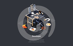 Software Development Coding Process. Programmer or Web Developer Working In Front Of Computer. Screen With Code, Script