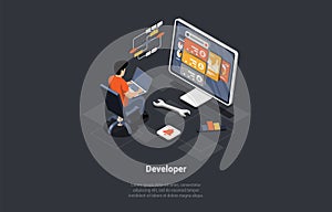 Software Development Coding Process. Programmer or Web Developer Writing New Code On Laptop. Screen With Code, Script