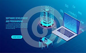 Software development and coding. programming of concept. data processing. Computer code with window interface. flat isometric