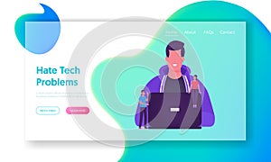 Software Development and Coding Website Landing Page. Coder Programmer Male Character Working on Laptop