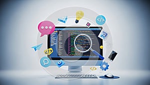 Software development concept with coding interface on computer screen and icons