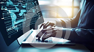 Software development concept. Coding programmer, software engineer working on laptop with computer code on virtual screen