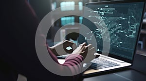 Software development concept. Coding programmer, software engineer working on laptop with computer code on virtual screen