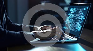 Software development concept. Coding programmer, software engineer working on laptop with computer code on virtual screen