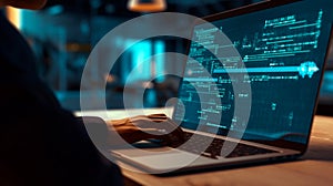 Software development concept. Coding programmer, software engineer working on laptop with javascript computer code on virtual