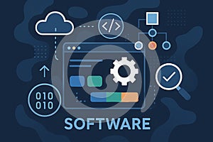 Software development concept with coding symbols, cloud computing, and data visualization elements