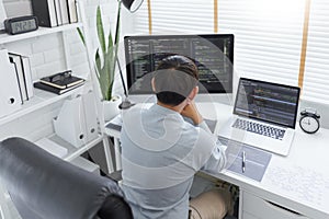 Software development concept, Male programmer read data code to thoughtful about developing website