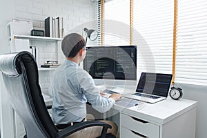 Software development concept, Male programmer typing data code and working on multiple screens