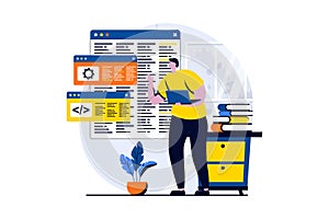 Software development concept with people scene in flat cartoon design.