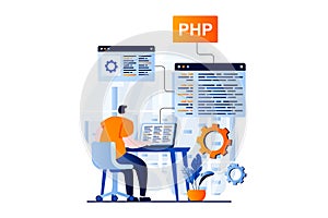 Software development concept with people scene in flat cartoon design.