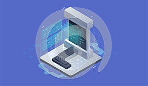 Software development, Concept of programming, data processing. Isometric vector illustration