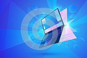 Software development concept, user interface Laptop with virtual interactive screens processing, web interface design, software