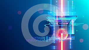 Software development conceptual abstract banner, background. Creating computer program, code on laptop. Design interface of