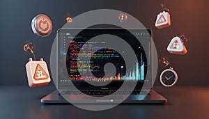 Software Development & Debugging: Abstract Coding with Data and Warning Icons