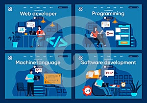 Software development flat landing pages set. Frontend and backend developers working in office scenes for website or CMS